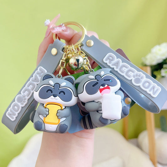PVC Cute Raccoon Keychain Gray Soft Tone With Jingle Bell
