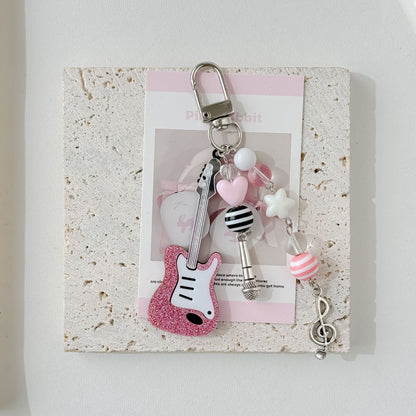 Pink Glitter Guitar Resin Phone Charm with Pastel Hearts and Mic 2pcs