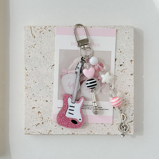Pink Glitter Guitar Resin Phone Charm with Pastel Hearts and Mic 2pcs