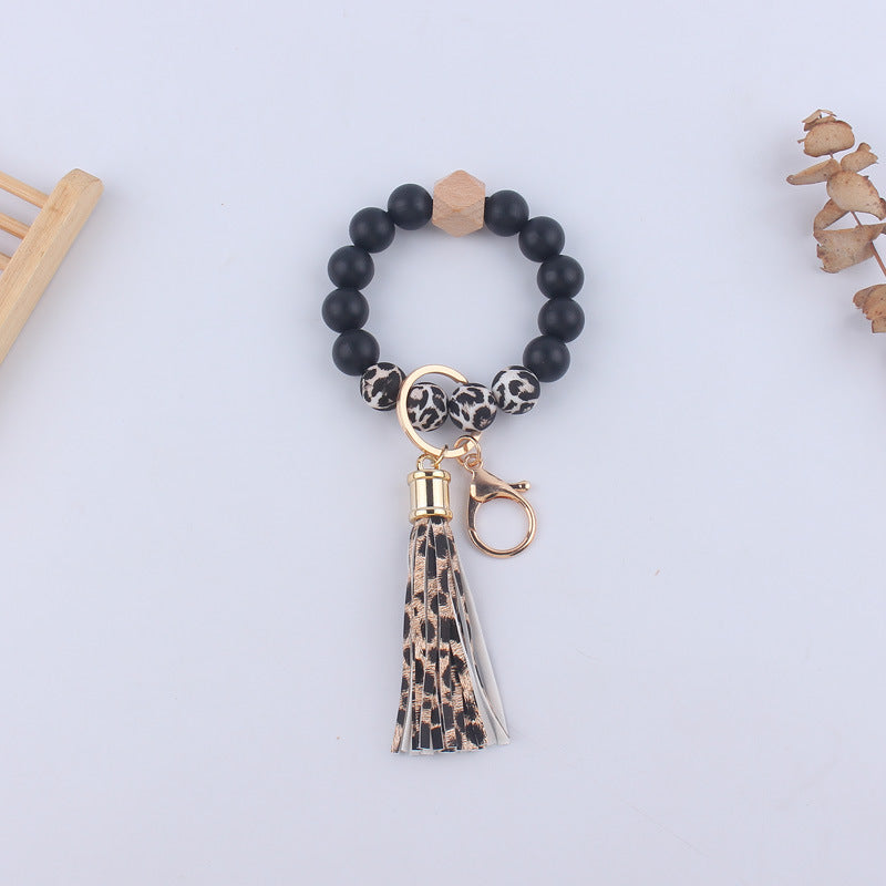 Leopard Print Silicone Bead Tassel Wristlet Keychain 6