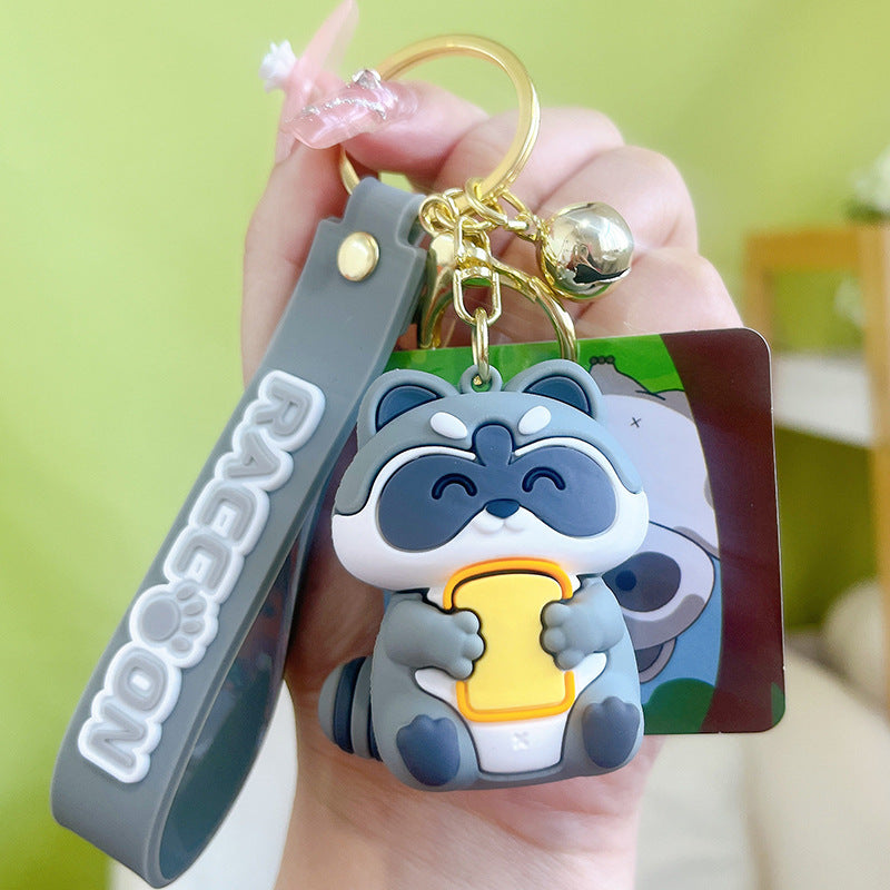 PVC Cute Raccoon Keychain Gray Soft Tone With Jingle Bell 8