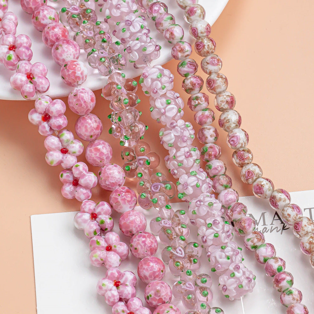 Lampwork Glass Beads Floral Pink Tone Translucent Faceted 4pcs