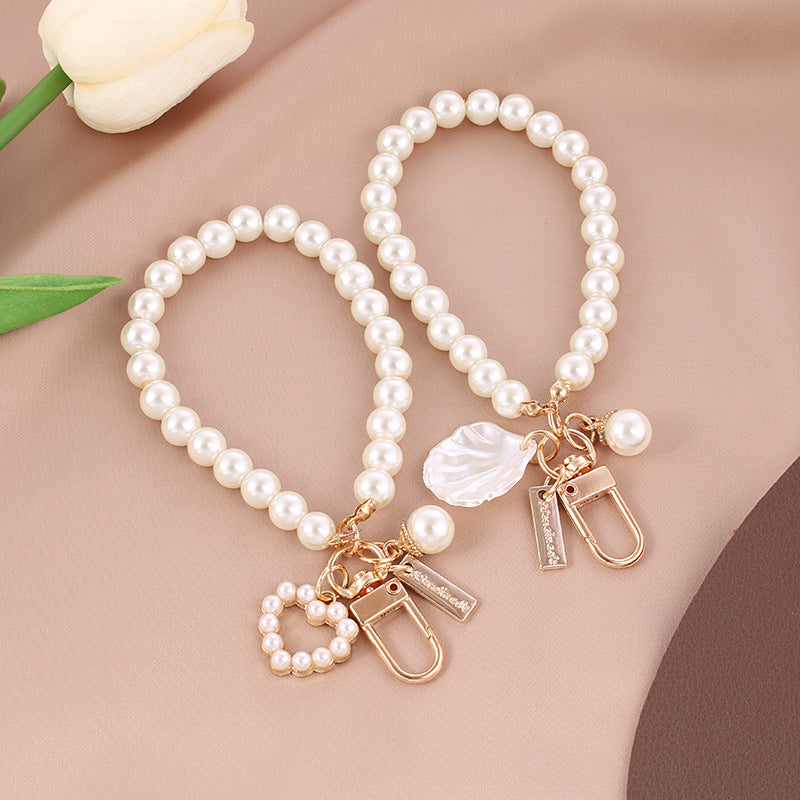 Pearl Beaded Love Bracelet Keychain Metal Gold Tone Elegant 3
