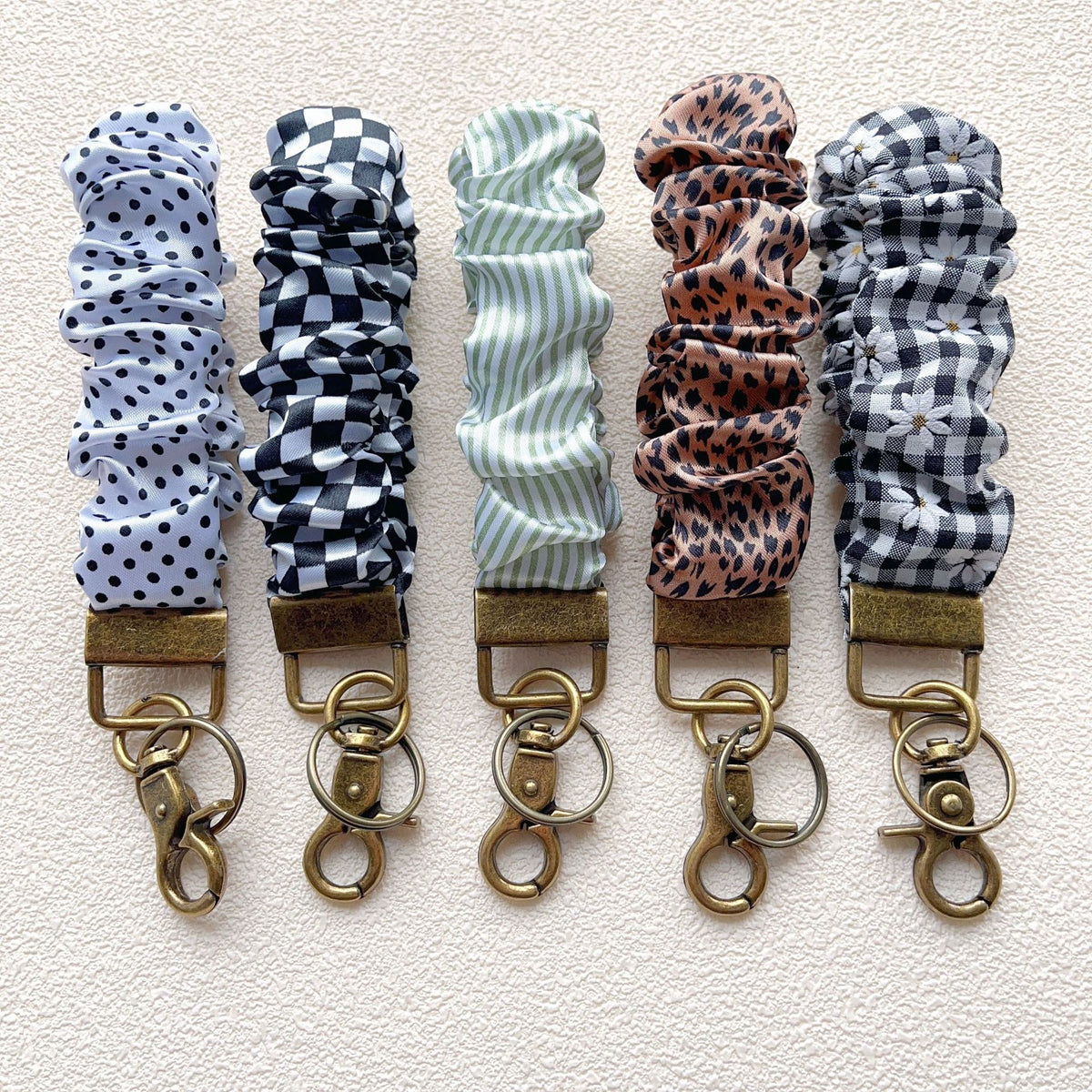 Plaid and Dotted Fabric Scrunchie Keychain with Vintage Brass Clasp 2pcs
