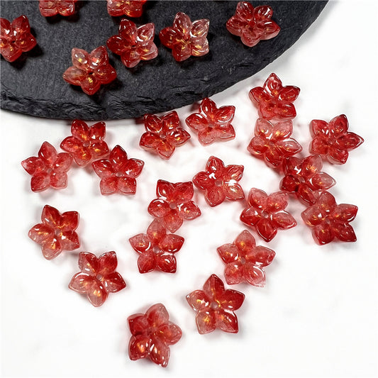 Czech Glass Beads Flower Five Petal 12mm Red Gold Spring 50pcs