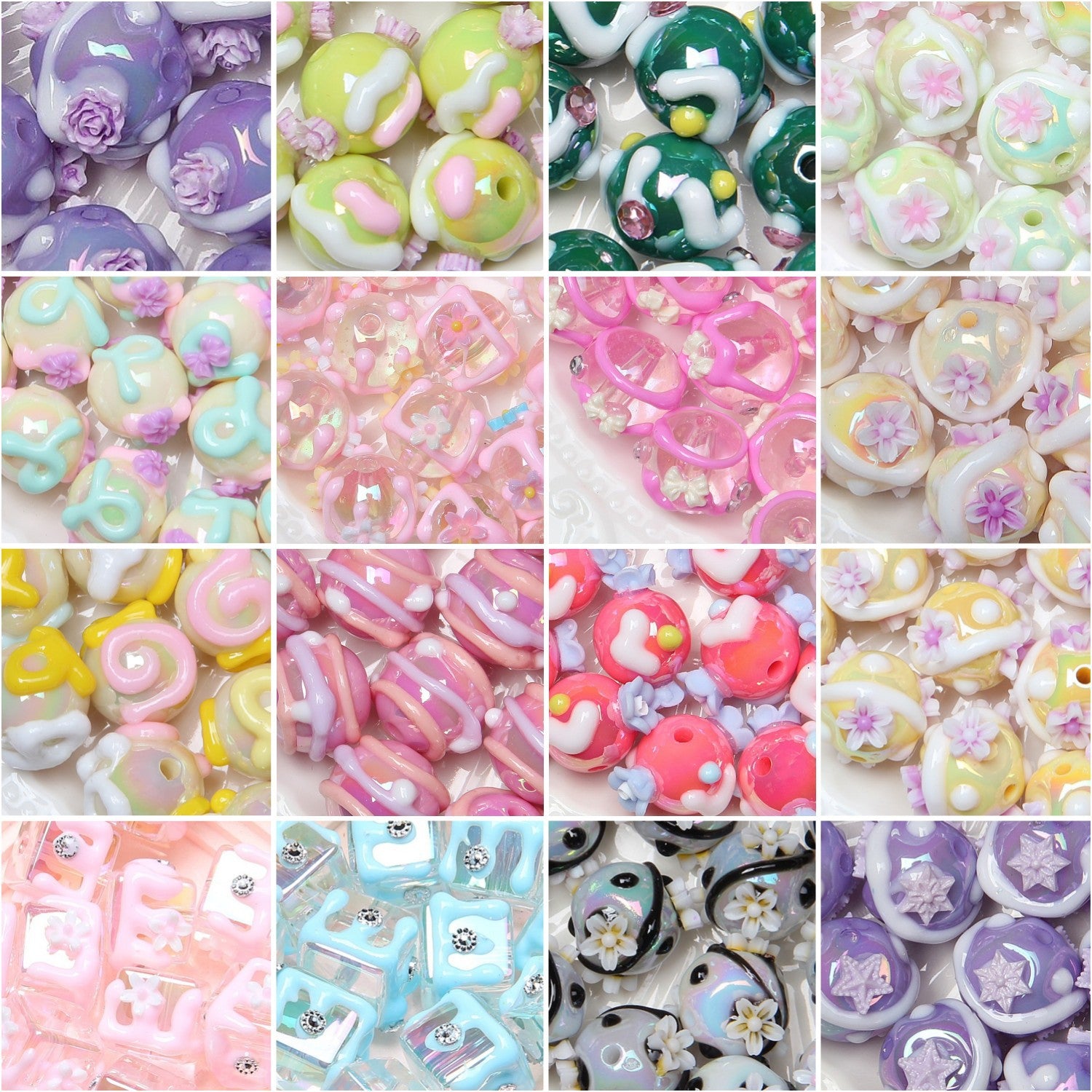 Painted Flower Acrylic Beads 16mm Round 14x18mm Square Purple Hand Painted 1pc 6