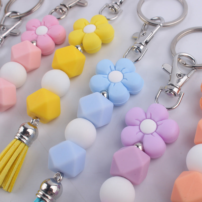 Flower Silicone Bead Keychain Colorful Floral Tassel Charm 4