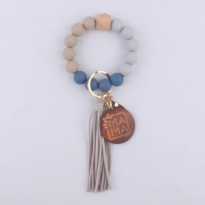 Silicone Bead Wristlet Keychain with Wood Tag and Leather Tassel MAMA 10