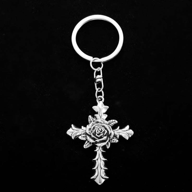 Rose Cross Keychain Metal Zinc Alloy Vintage Floral Design 3