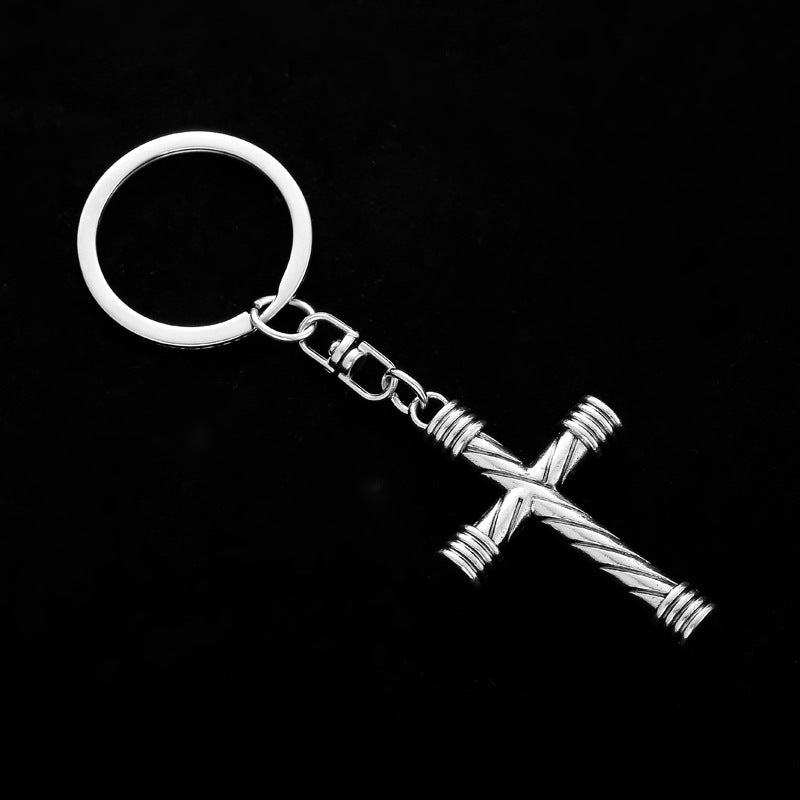 Stainless Steel Cross Keychain Textured Twist Design Polished Silver 4