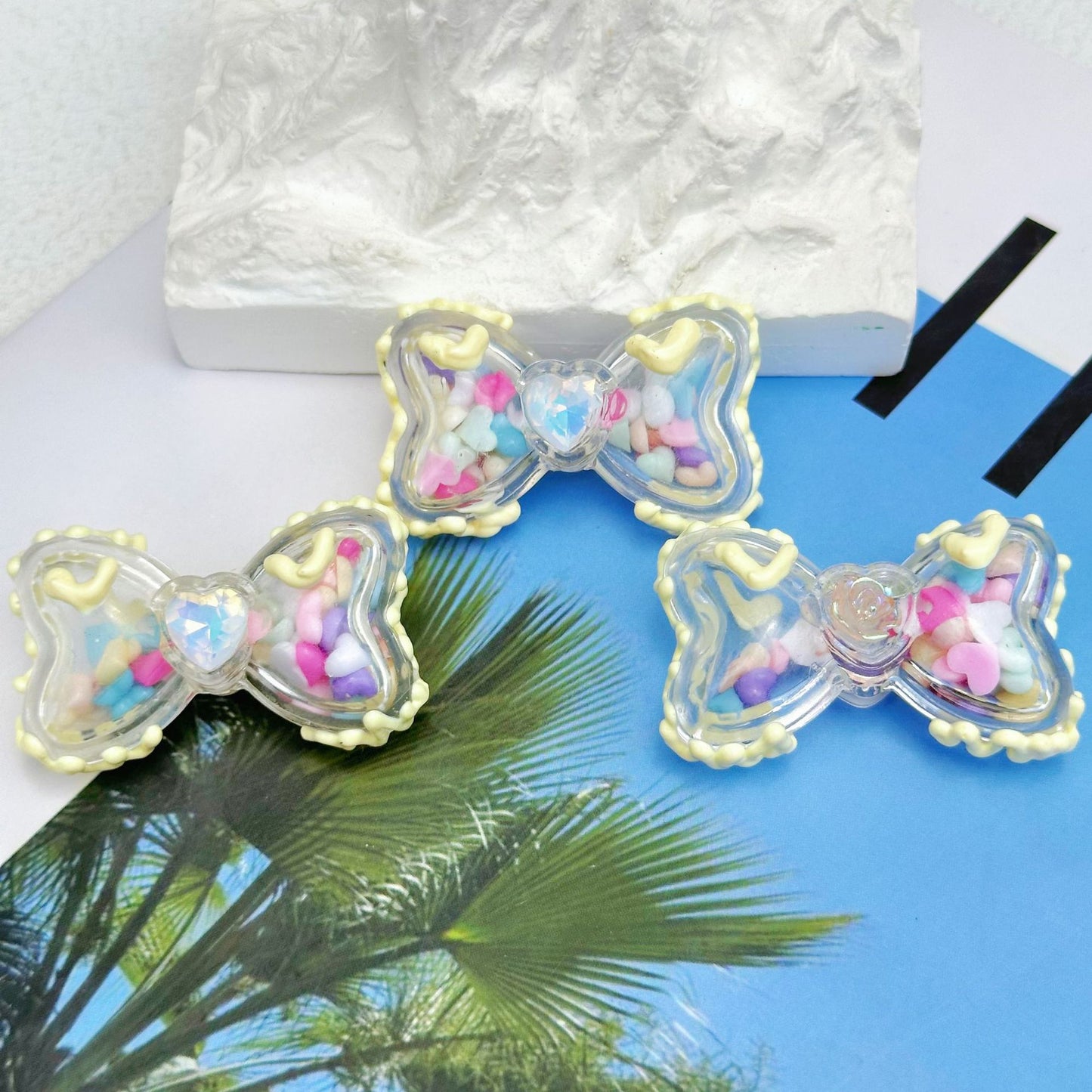 Hand Painted Bow Acrylic Beads 40mm Colorful Heart Design 5pcs 11