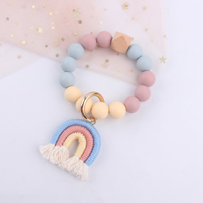 Rainbow Tassel Silicone Bead Wristlet Keychain Pastel Colors 8
