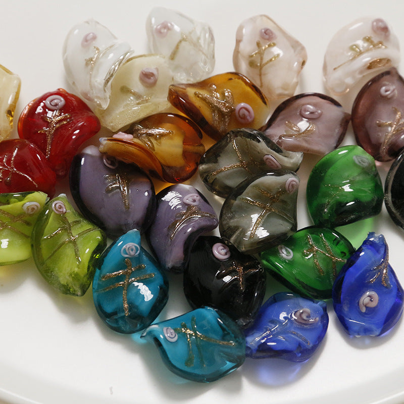 Lampwork Glass Beads Leaf 22mm Handmade Distressed Curled 4pcs 3