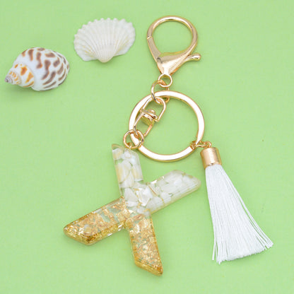 Tassel Letter A Keychain Resin Gold Flakes White Tassel 53