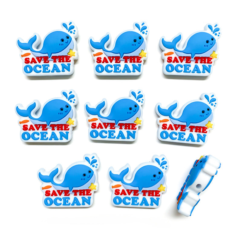 Silicone Focal Beads Blue Whale Save The Ocean Text 20pcs