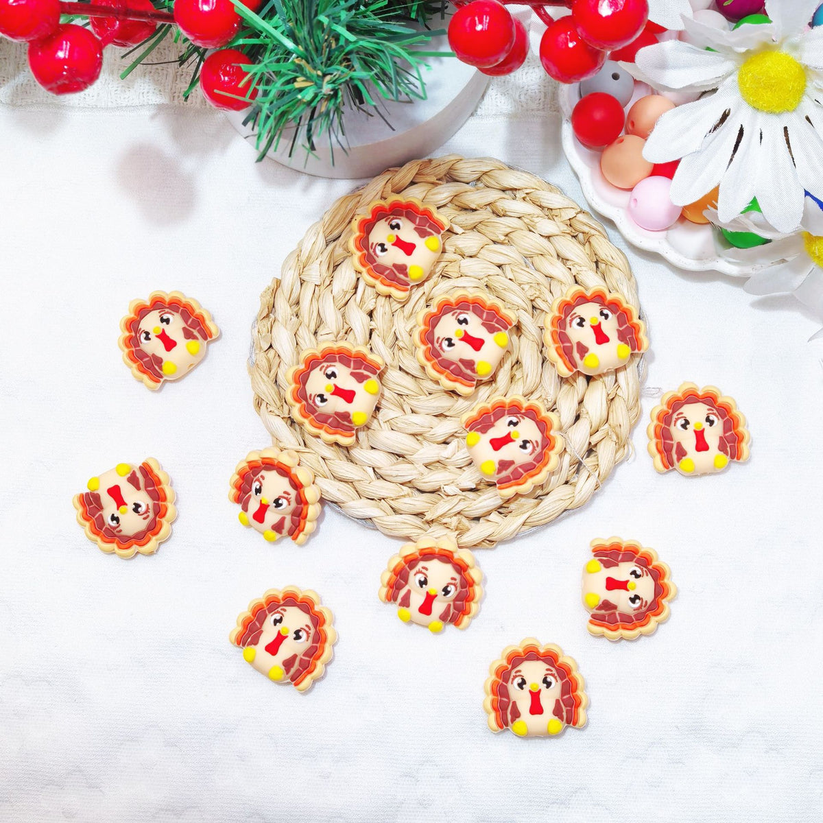 Silicone 3D Focal Beads Turkey Smiling Face Layered Feathers 20pcs 2