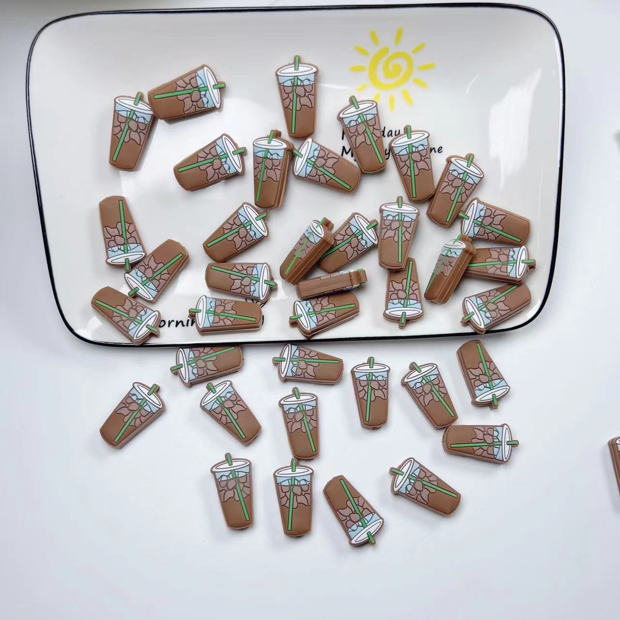 Silicone Focal Beads Camel Milk Tea Cup With Green Straw 20pcs