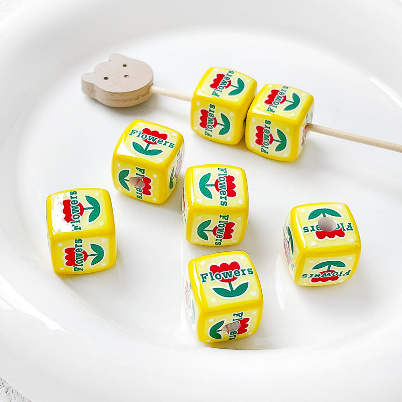 Hand Painted Square Acrylic Beads 14mm Flower Plaid Design 2pcs 10