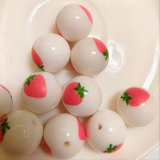 Printed Bubblegum Beads 20mm Pink Strawberries Round 20pcs