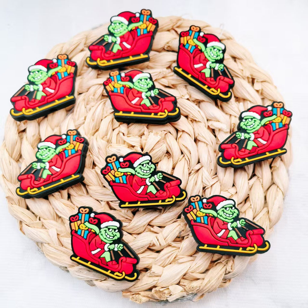 Silicone Focal Beads Christmas Sleigh Grinch Wearing Santa Hat 20pcs 4