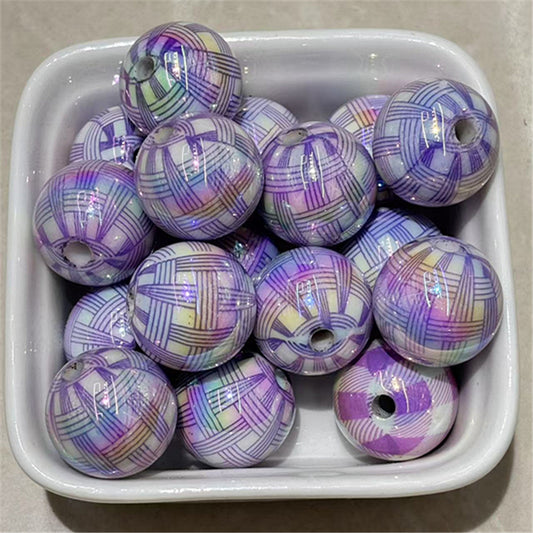 Plating Round Acrylic Beads 16mm UV Woven Plaid Pattern 100pcs 2