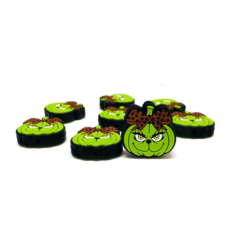 Silicone Focal Beads Halloween Green Pumpkin with Bow 20pcs 4
