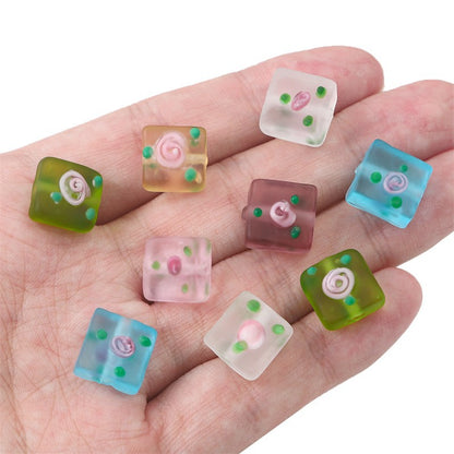 Frosted Square Glass Beads 12mm Hand-Painted Rose Design 4pcs 5