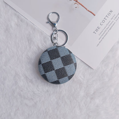 Plaid Pattern PU Leather Round Mirror Keychain Gold Clasp 2pcs 9