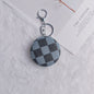 Plaid Pattern PU Leather Round Mirror Keychain Gold Clasp 2pcs 9