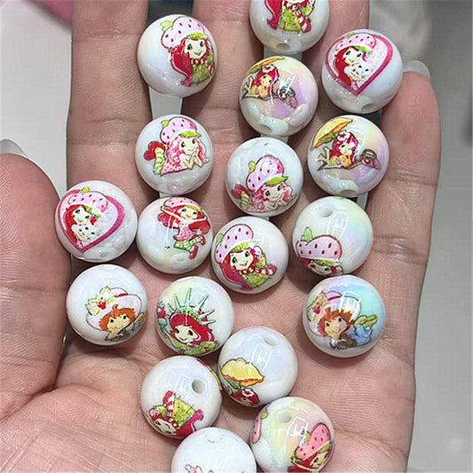 Plating Round Acrylic Beads 16mm Strawberry Girl Design 100pcs