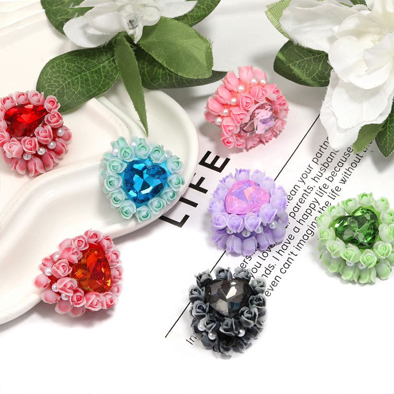 Heart Clay Beads 25mm Tiny Rose Wrapped Rhinestone 10pcs 2