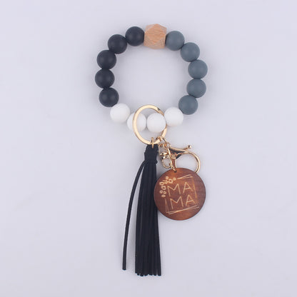 Silicone Bead Wristlet Keychain with Wood Tag and Leather Tassel MAMA 14