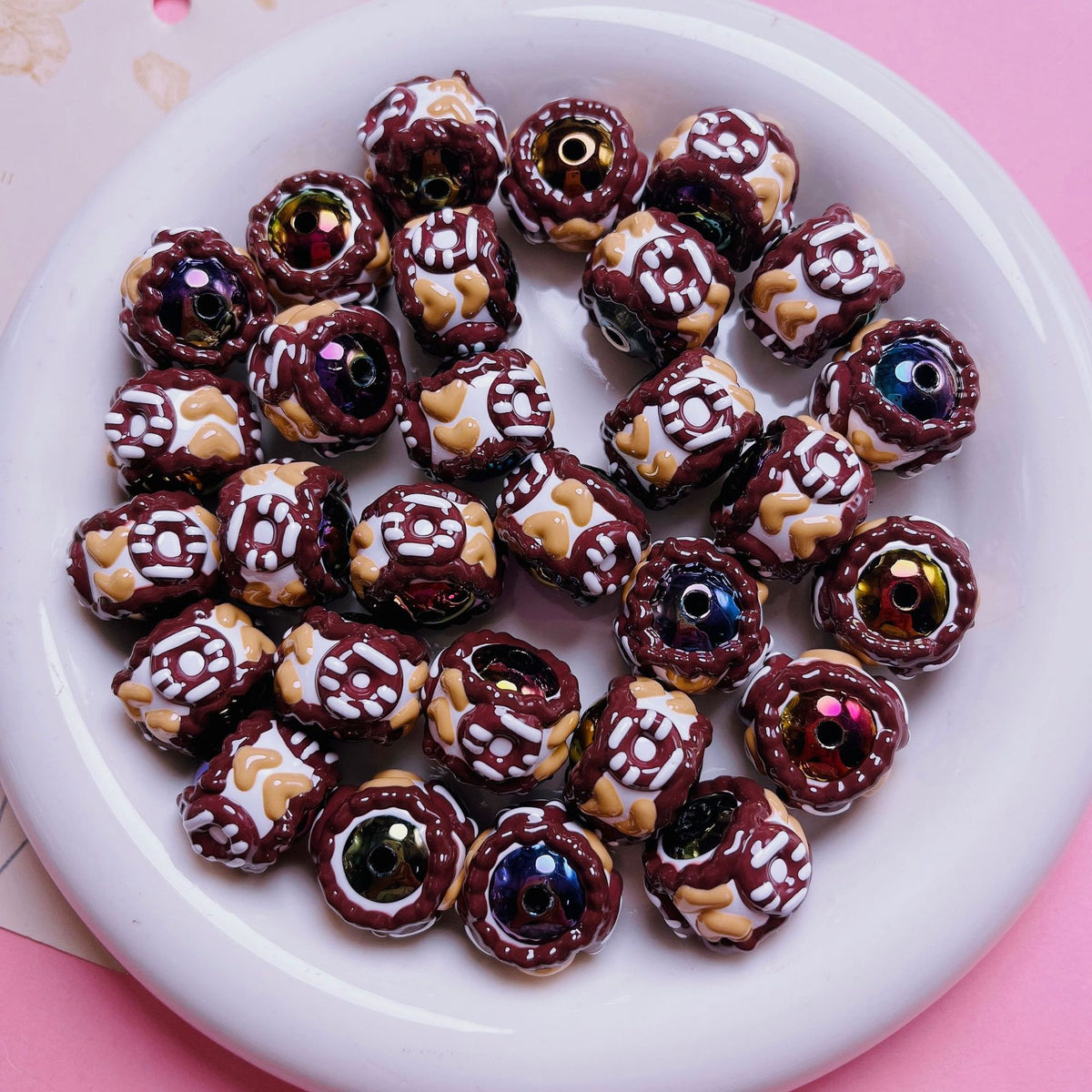 Hand-Painted Cake Acrylic Beads 16mm Glossy Brown Swirls 5pcs 2