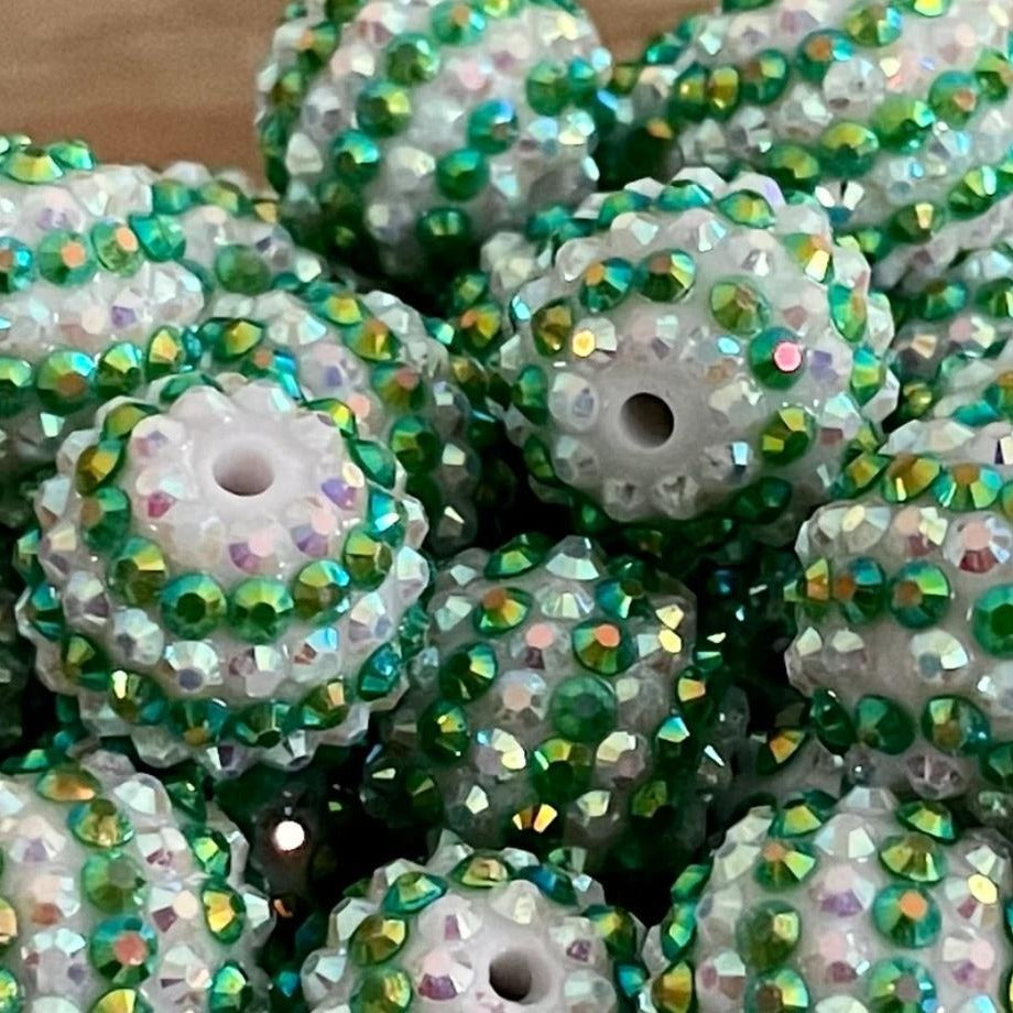 Rhinestone Bubblegum Beads 16-22mm Deep Green White Striped Resin 5pcs 2