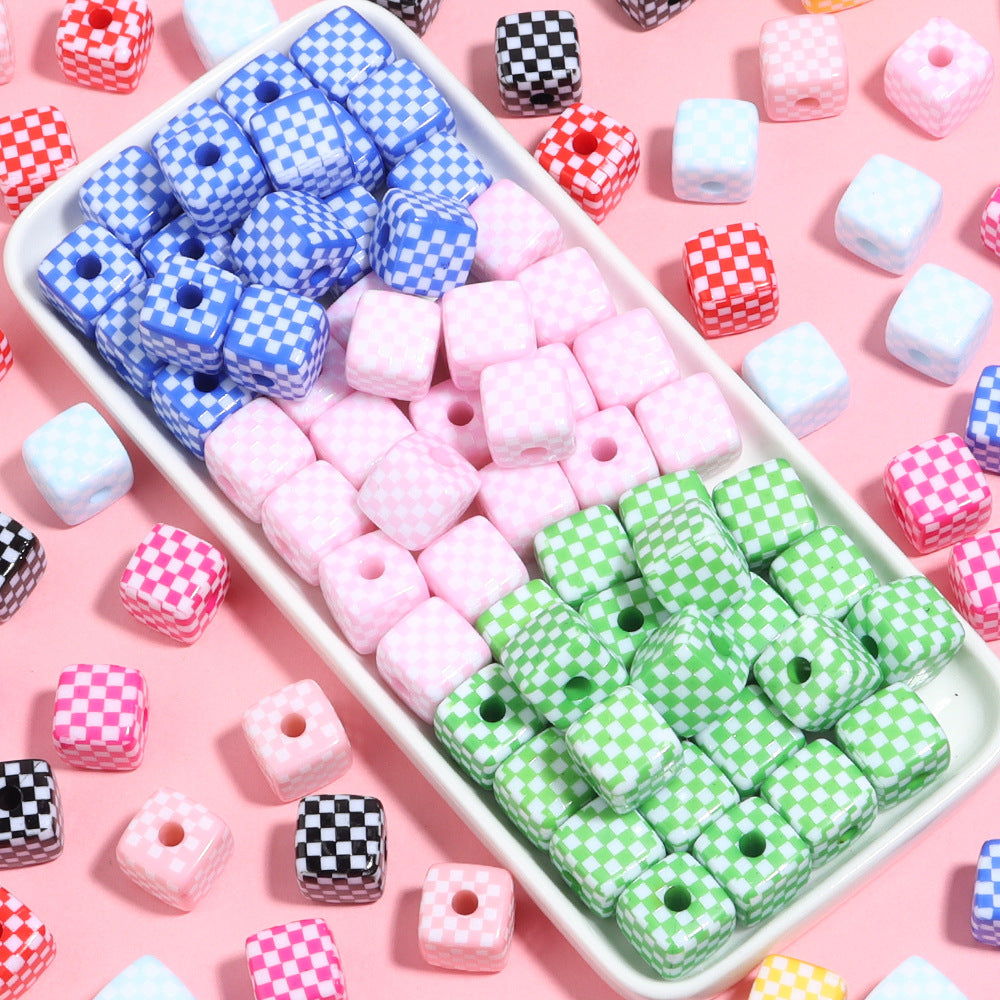 Colored Checkerboard Rounded Acrylic Square Beads 13mm 10pcs