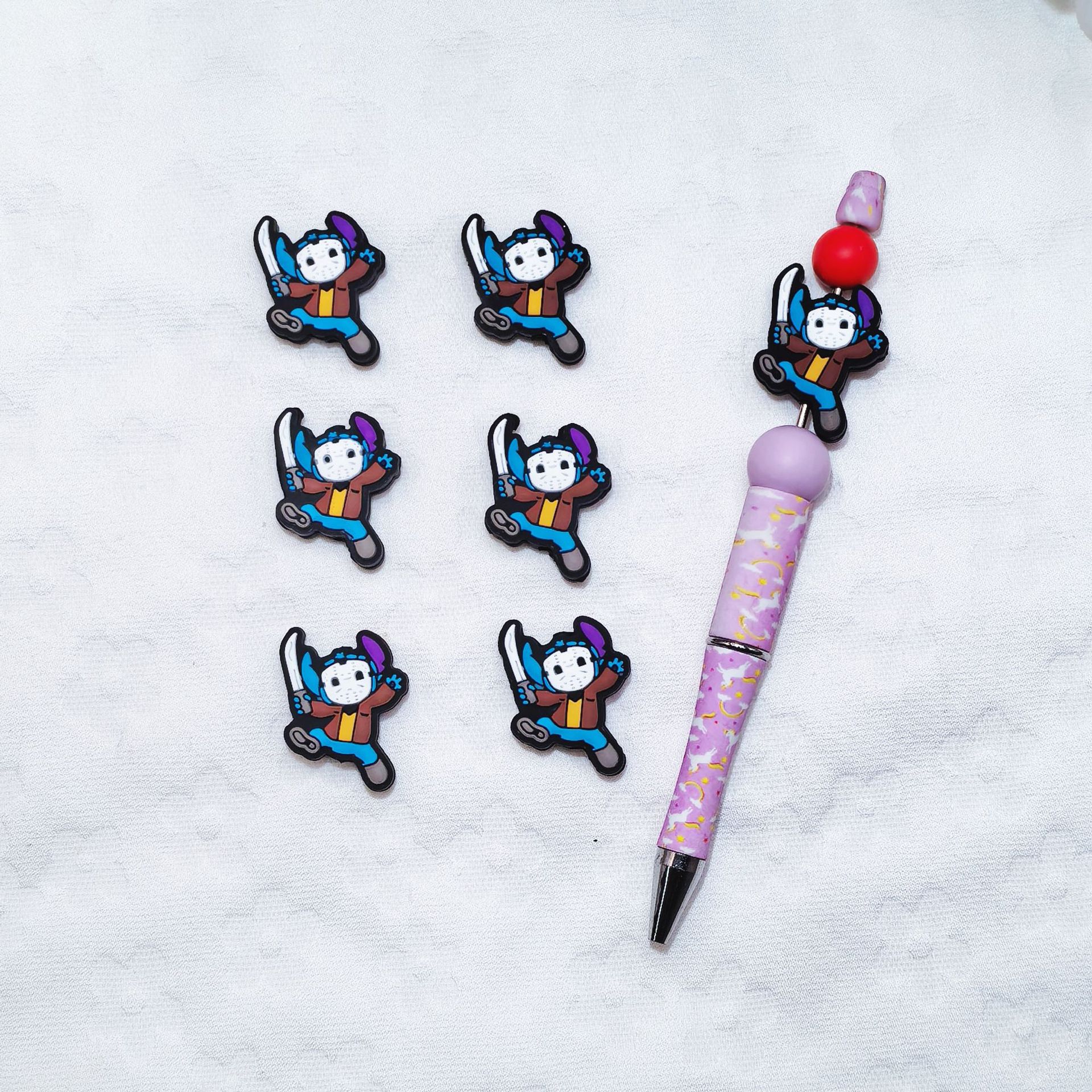 Silicone Focal Beads Ghost Face Stitch Holding Sword with Purple Hat 20pcs 2