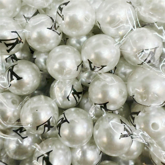 Pearl Acrylic Beads 16mm Imitation White Black Logo Printed 100pcs 2