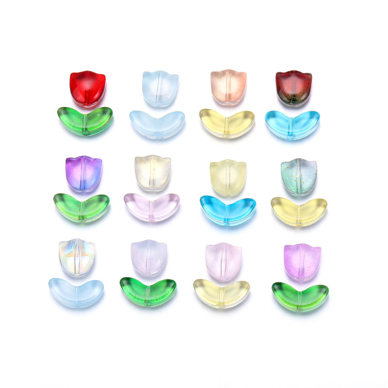 Czech Glass Beads Tulip Petals And Leaves Vintage Frosted 9mm 200pcs 4