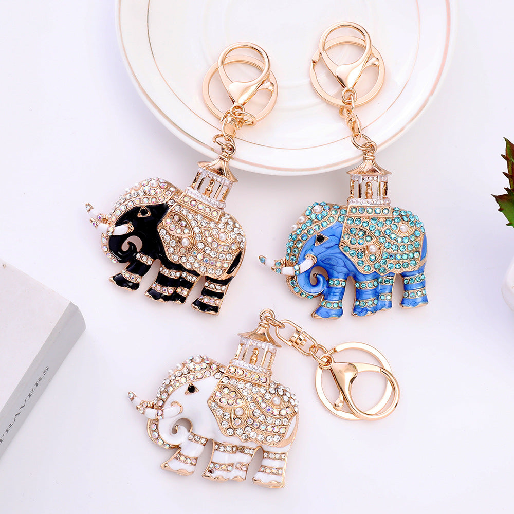 Alloy Rhinestone Elephant Keychain Metal Animal Charm with Lantern Detail