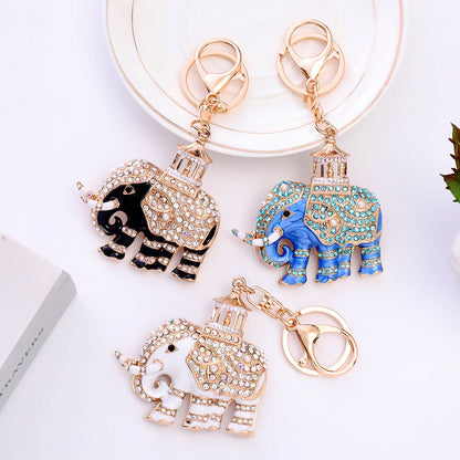 Alloy Rhinestone Elephant Keychain Metal Animal Charm with Lantern Detail