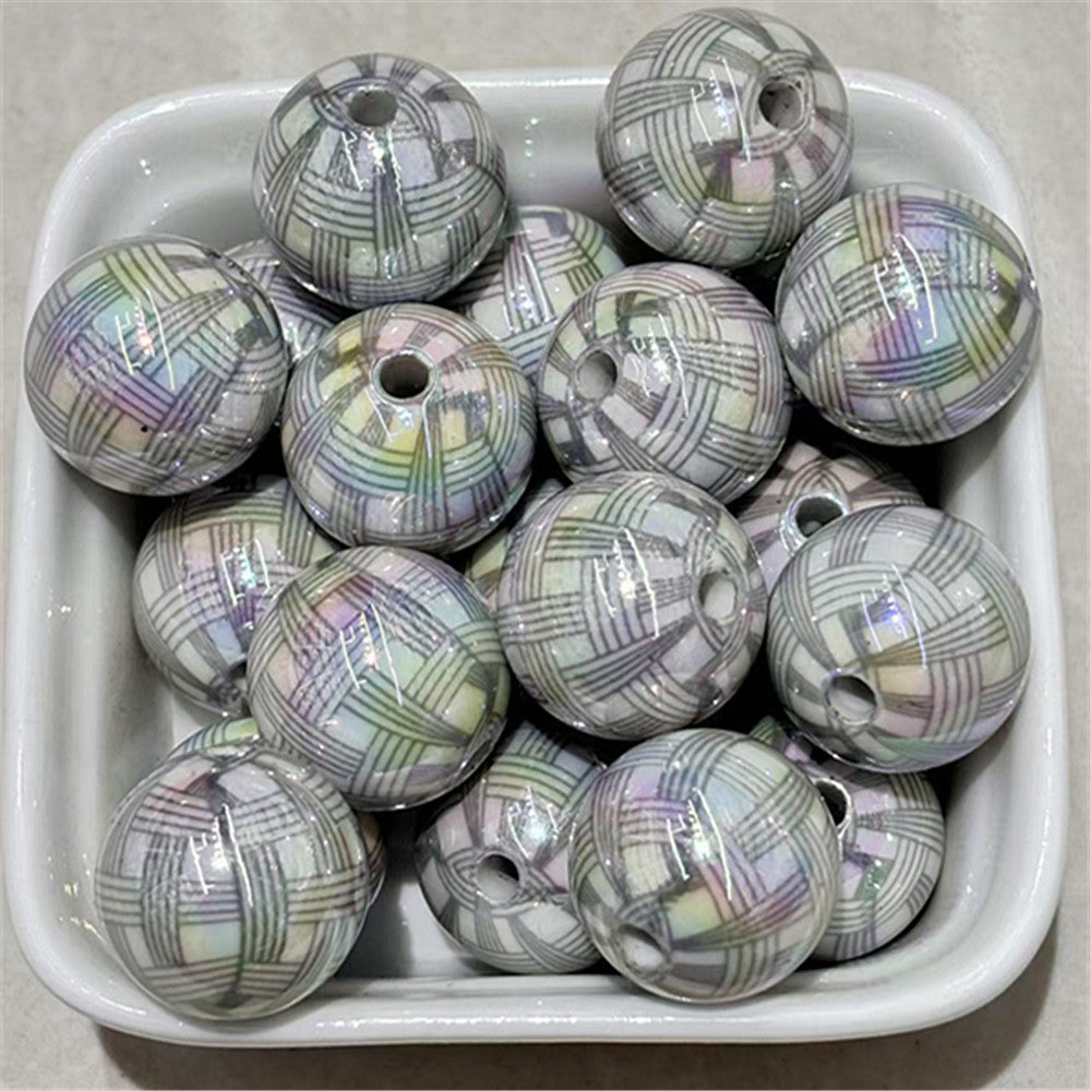 Plating Round Acrylic Beads 16mm UV Woven Plaid Pattern 100pcs 3