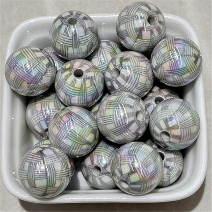 Plating Round Acrylic Beads 16mm UV Woven Plaid Pattern 100pcs 3
