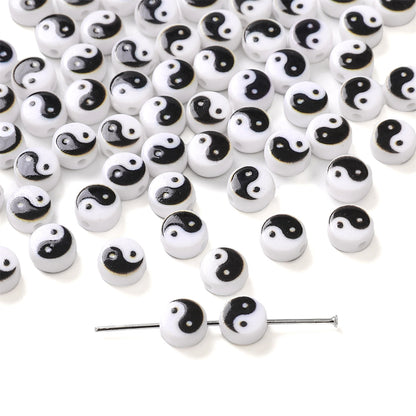 Tai Chi Flat Acrylic Beads 7-13mm Black White Color Printing 5pcs 11