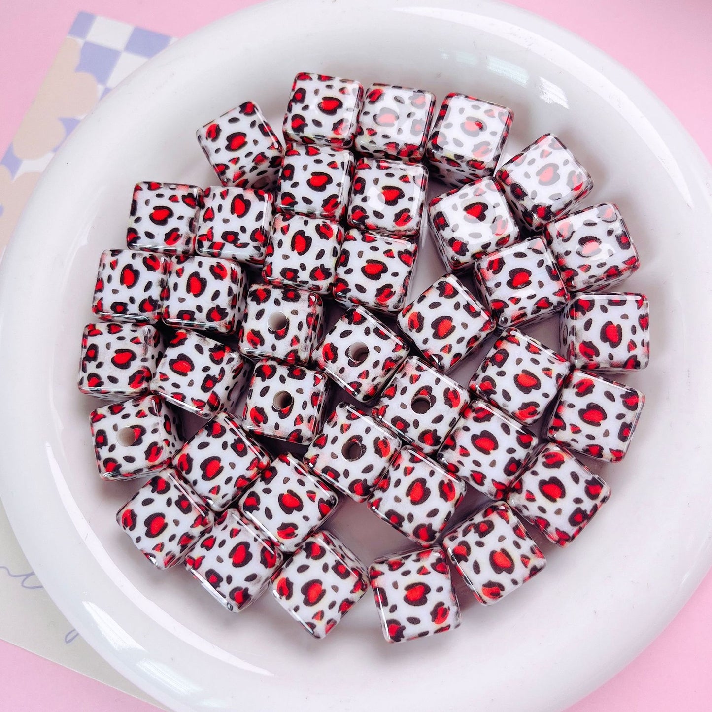Leopard Bow Print Acrylic Square Beads 14mm Colorful Glossy 10pcs 8