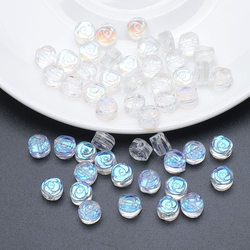 Flat Rose Glass Beads 6mm Iridescent Plating Floral Cube 50pcs 7
