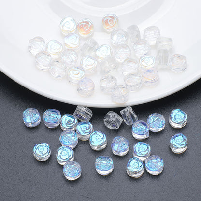 Flat Rose Glass Beads 6mm Iridescent Plating Floral Cube 50pcs 7
