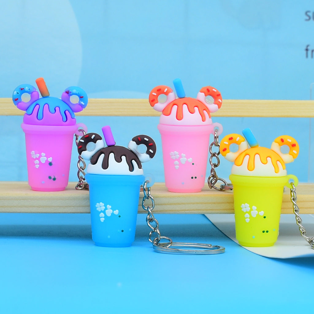 Soft Rubber Milk Tea Drink Keychain with Donut Ears and Dripping Tops