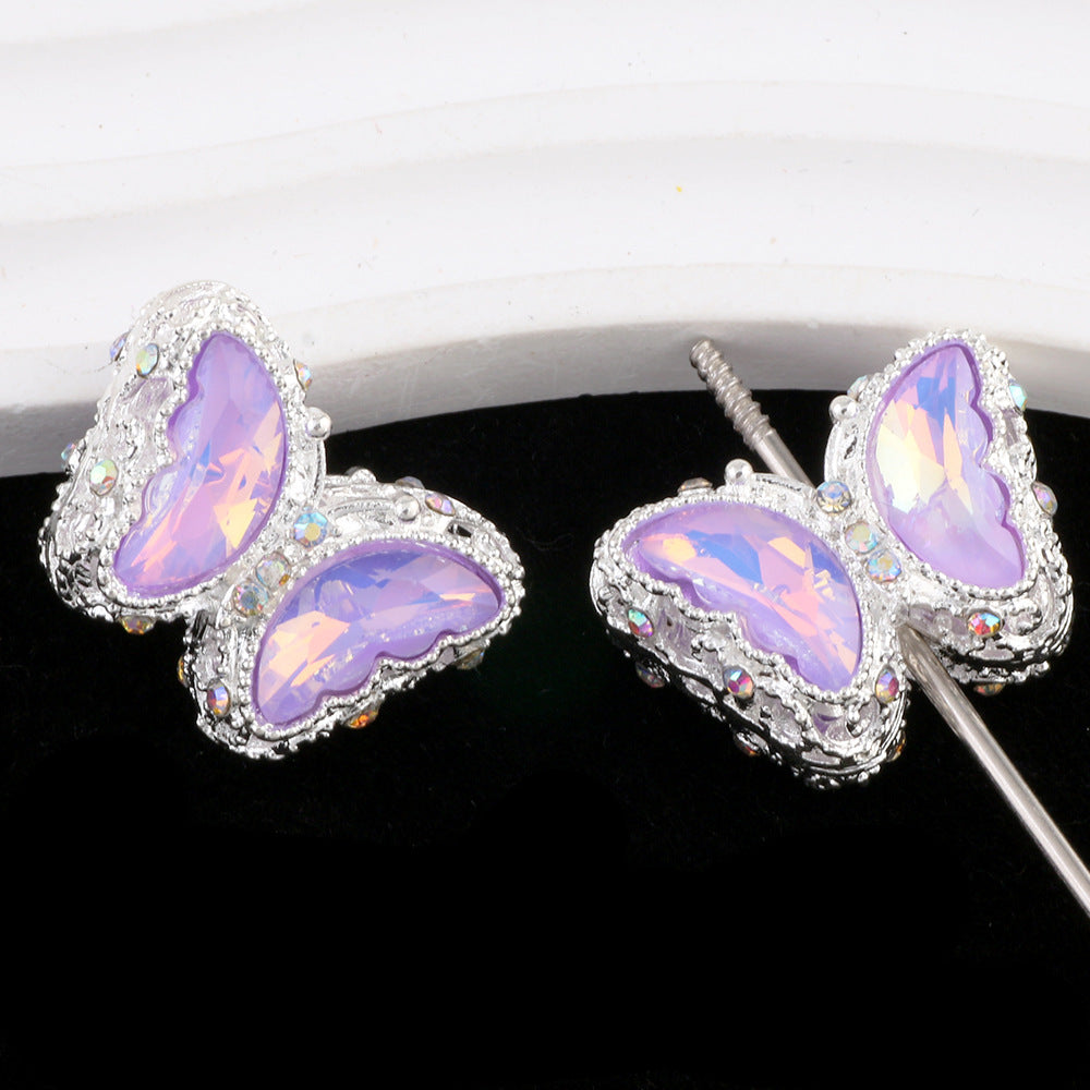 Butterfly Rhinestone Beads 28mm Colorful Silver Alloy 10pcs 16