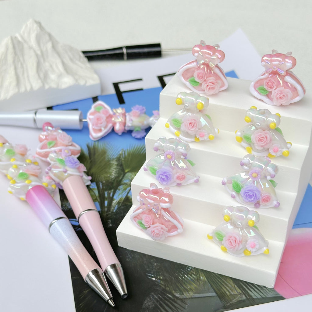 Hand Painted Dress Acrylic Beads 28x24x10mm Pastel Glossy 5pcs