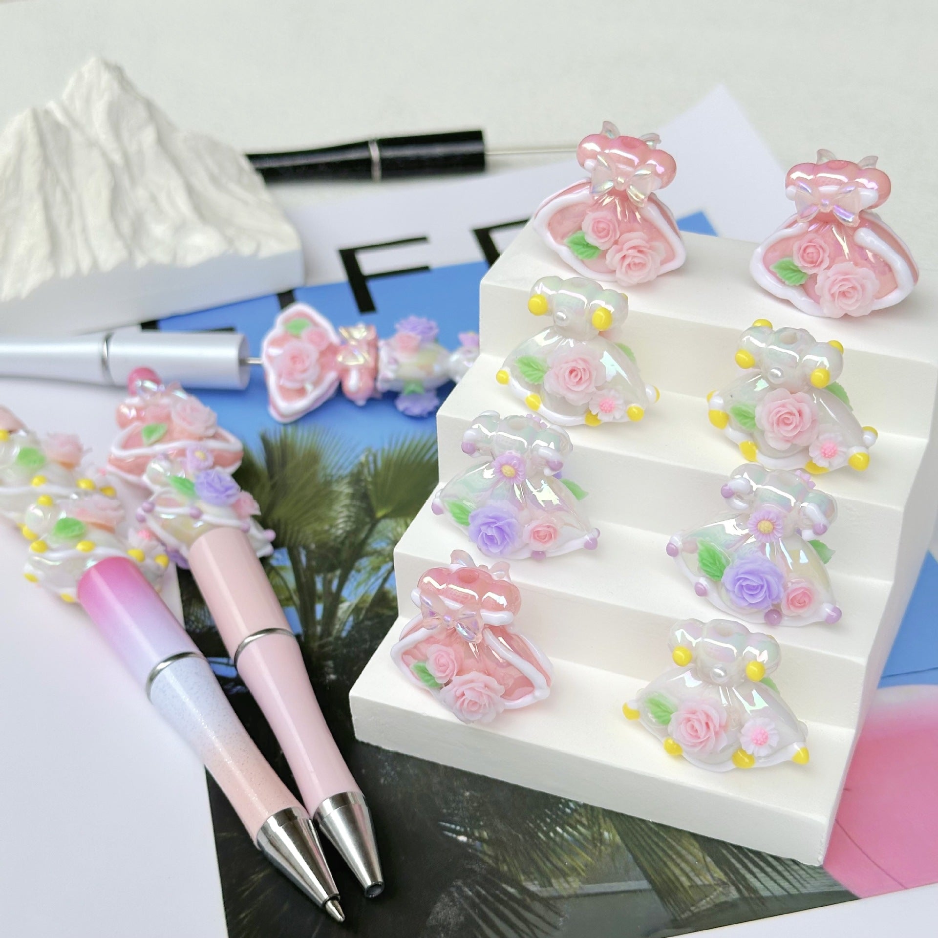 Hand Painted Dress Acrylic Beads 28x24x10mm Pastel Glossy 5pcs